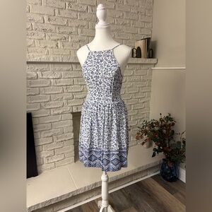 Hollister Blue and White Floral Halter-Neck Mini Dress
